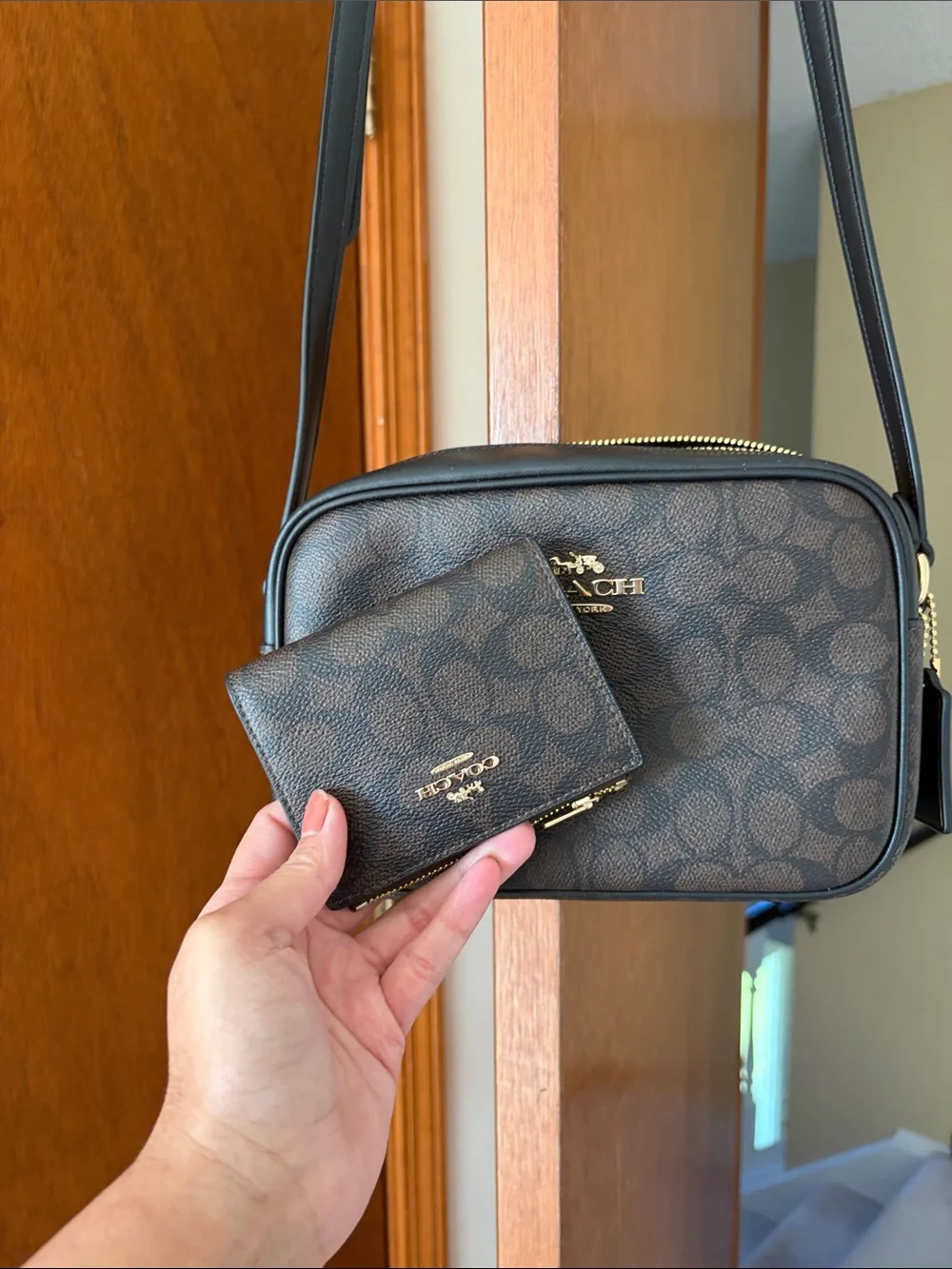 Coach Brown Signature Monogram Crossbody with Black Strap